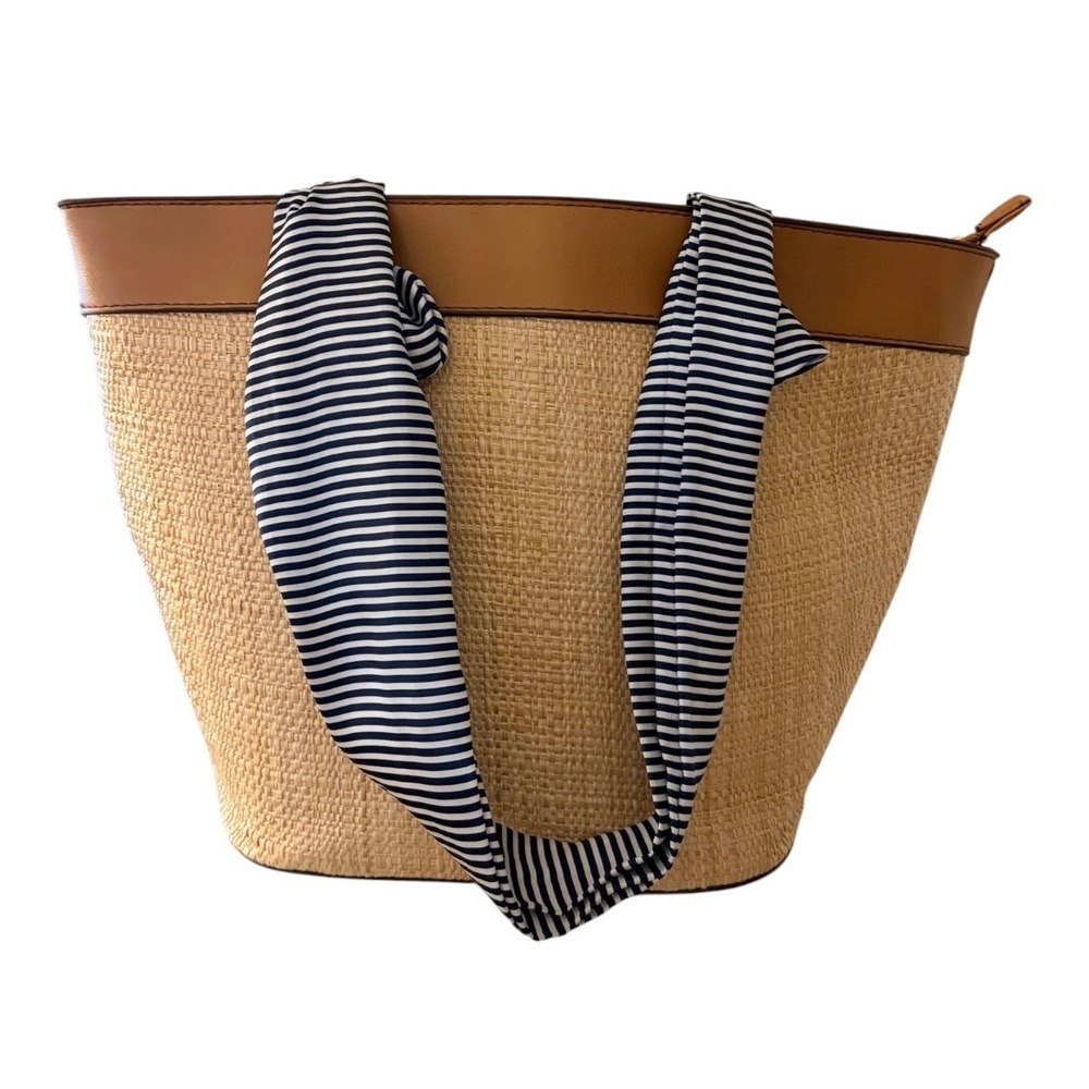 Straw Tote Bag Tan Blue White Striped Handles Large Beach Bag Summer Coastal - Picture 3 of 8